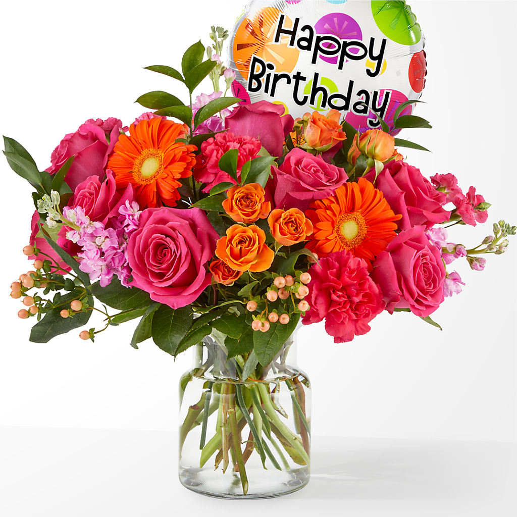 Fiesta Bouquet with Birthday Balloon – Castalia Flower Shoppe, Castalia OH