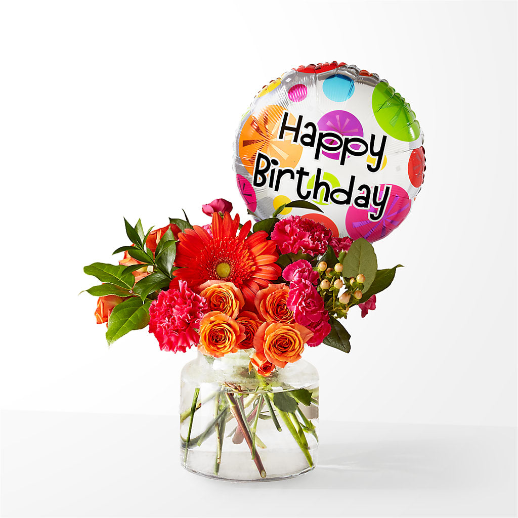 Fiesta Bouquet with Birthday Balloon – Castalia Flower Shoppe, Castalia OH