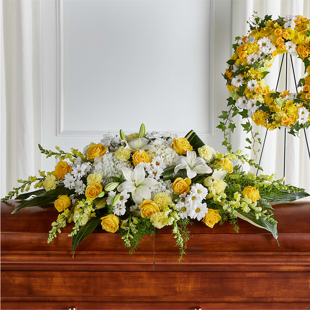 Golden Harmony Casket Spray – Castalia Flower Shoppe, Castalia OH