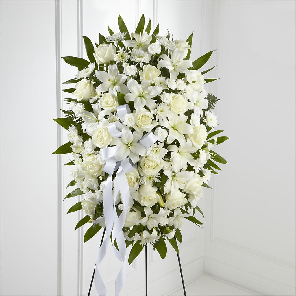 Exquisite Tribute Standing Spray-White Ribbon – Castalia Flower Shoppe, Castalia OH